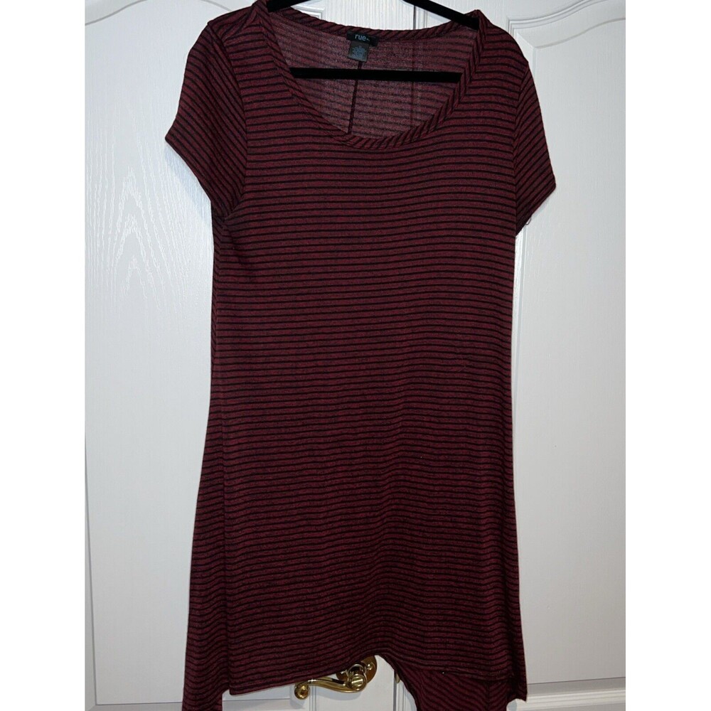 Rue + Plus Dress 1x Boho Stretch Short Sleeve Red Stripe Tunic Asymmetric Hem